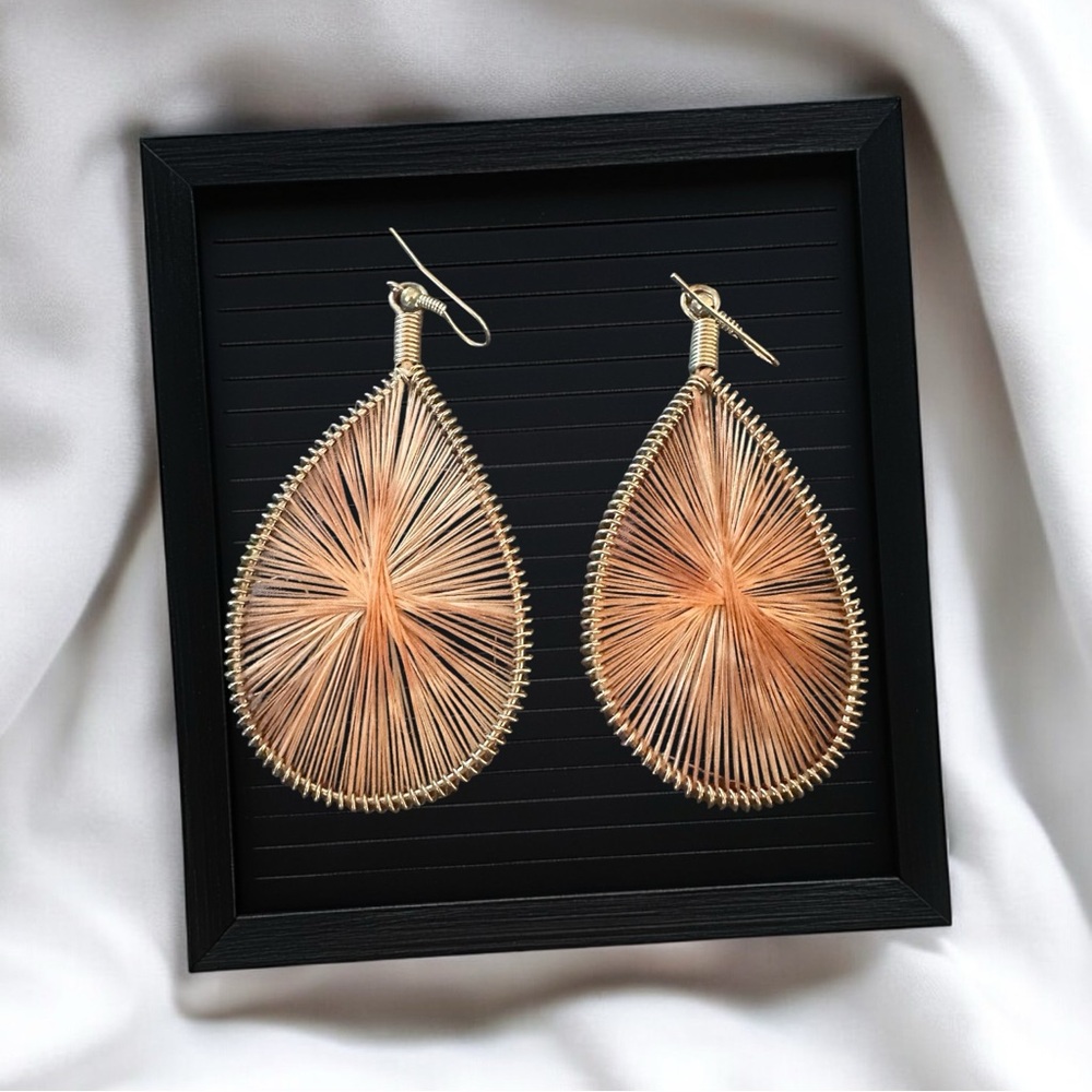 Silver Tone Brown Thread Art Large Teardrop Statement Earrings Jewelry Boho